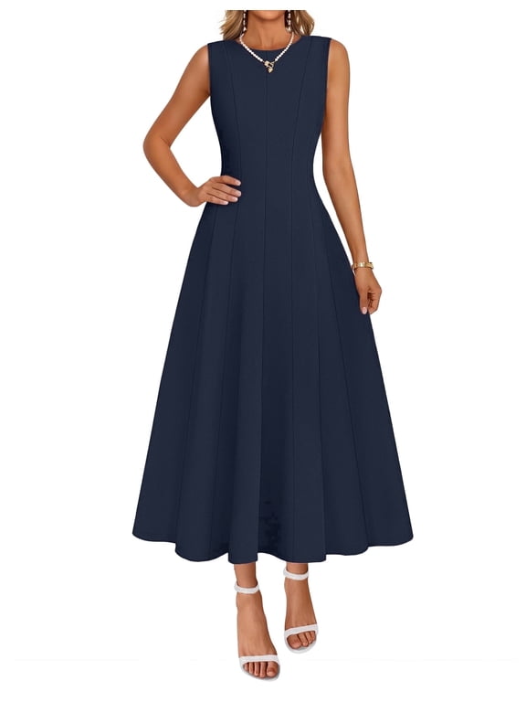 Womens Summer Dresses Crew Neck A Line Midi Dress Navy xl