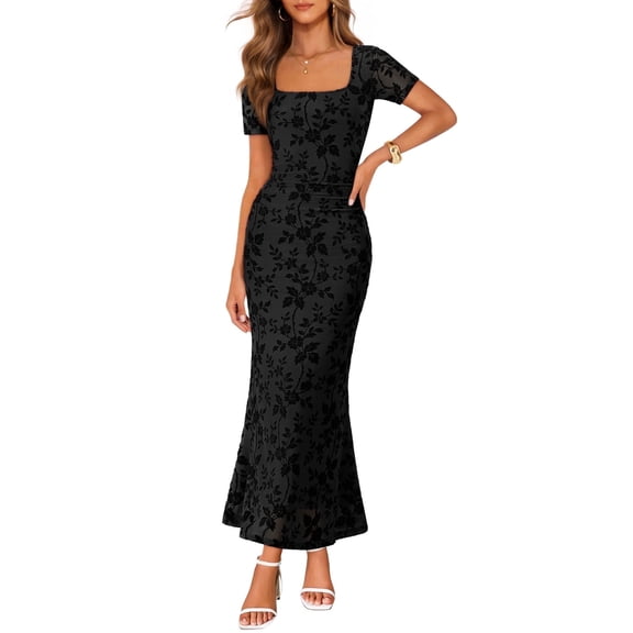 Merokeety Womens Summer Dresses Square Neck Mesh floral Graduation Maxi Dress Black m