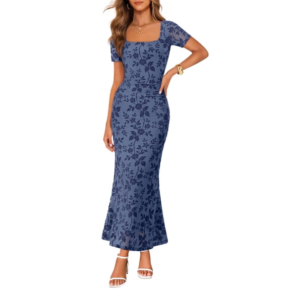 MEROKEETY Women's 2026 Summer Floral Bodycon Maxi Dress, Square Neck Short Sleeve Mesh Wedding Guest Cocktail Party Dress, Dusty Blue, XL