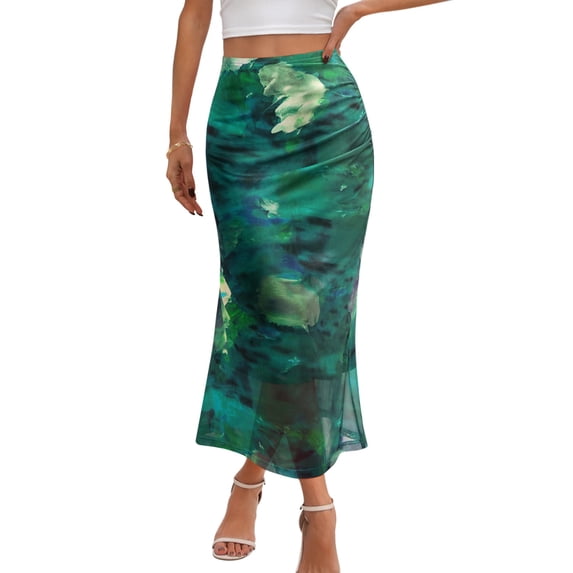 MEROKEETY Women's 2026 Summer Floral Mesh Midi Skirt, High Waist Ruched Boho Casual Trendy Skirt, Green, XL