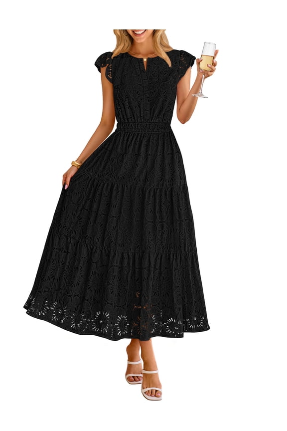 Women's 2026 Summer Lace Eyelet Boho Maxi Dress Flowy Beach Vacation Dress, Black, L