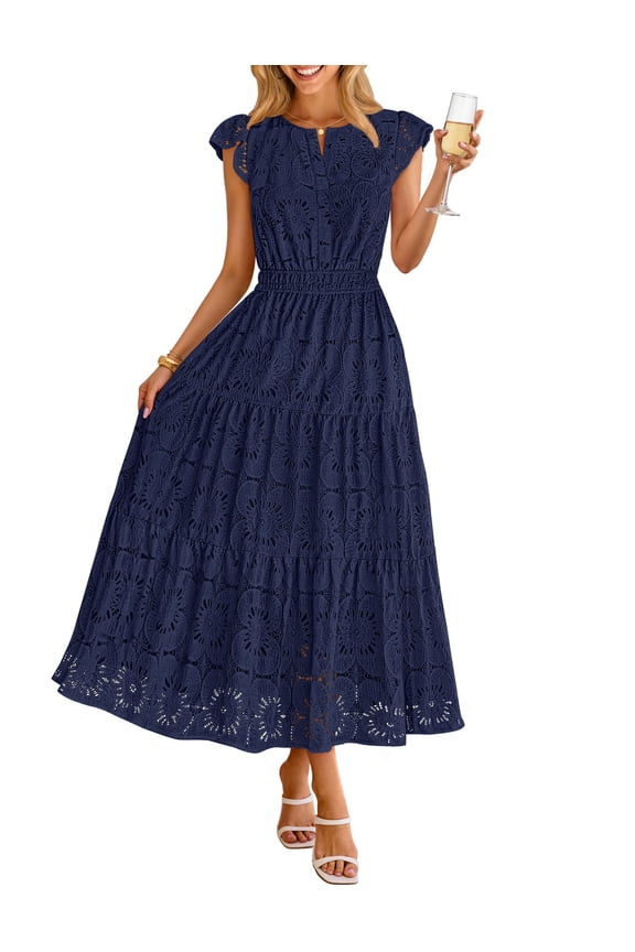 Women's 2026 Summer Lace Eyelet Boho Maxi Dress Flowy Beach Vacation Dress, Navy, M