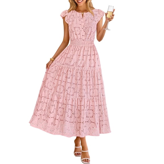 Merokeety Womens Summer Dresses Lace Eyelet Boho Flowy Maxi Beach Vacation Dress Pink m