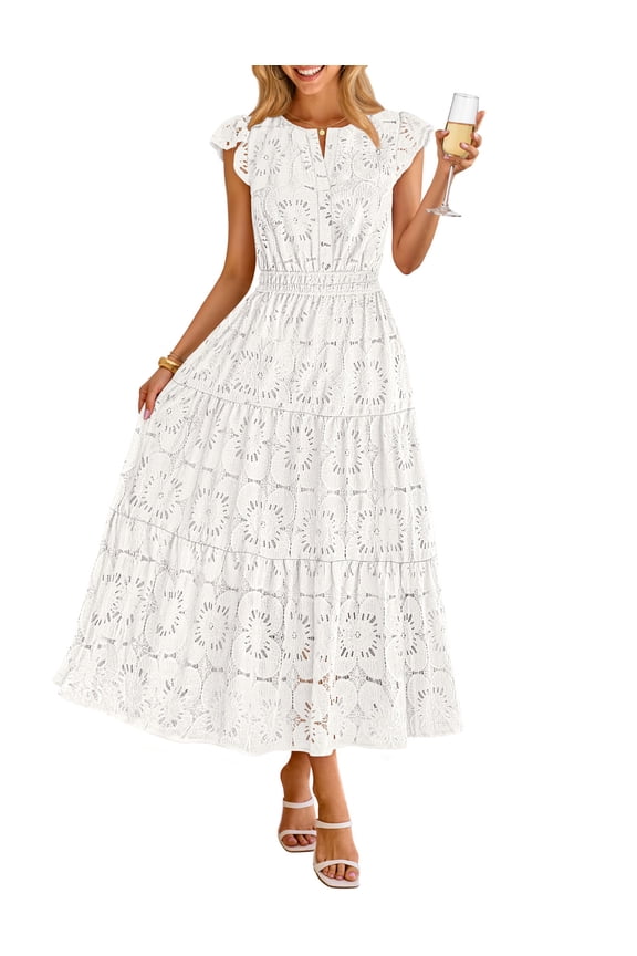 Women's 2026 Summer Lace Eyelet Boho Maxi Dress Flowy Beach Vacation Dress, White, M