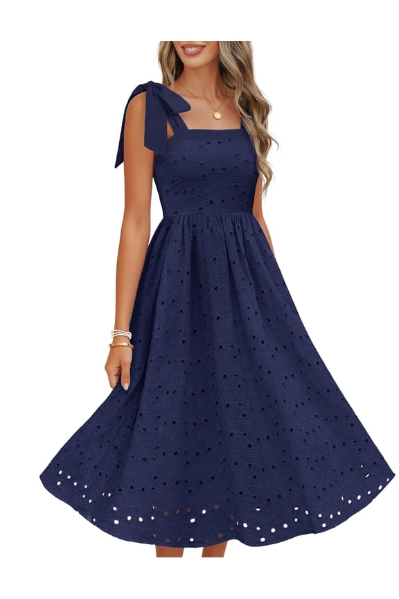 Women's 2026 Summer Midi Dress Elegant Square Neck Sleeveless Flowy A-Line Casual Beach Vacation Sundress, Navy, XL