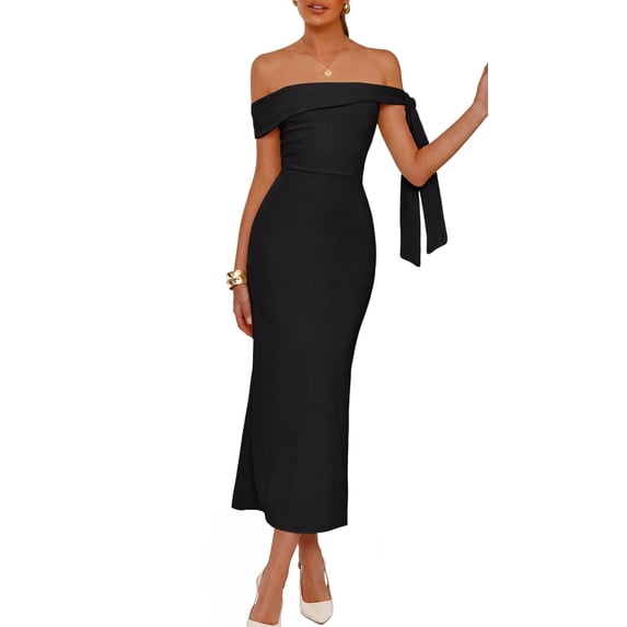 MEROKEETY Women's 2026 Summer Off The Shoulder Bodycon Maxi Dress, Black, M