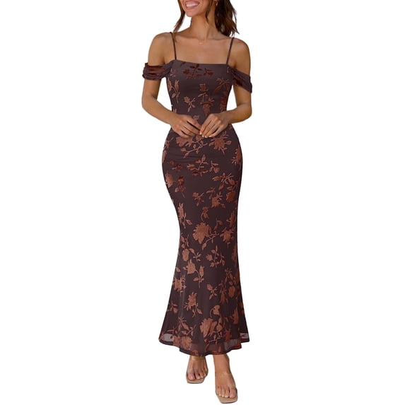 Merokeety Womens Summer Dresses Off The Shoulder Spaghetti Strap Floral Mesh Formal Party Maxi Dress Brown l