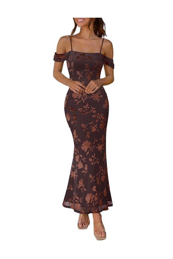 Women's 2026 Summer Off The Shoulder Spaghetti Strap Floral Mesh Wedding Guest Cocktail Formal Party Maxi Dresses, Brown, XL