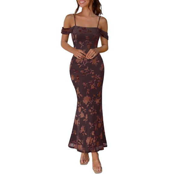Merokeety Womens Summer Dresses Off The Shoulder Spaghetti Strap Floral Mesh Formal Party Maxi Dress Brown xl