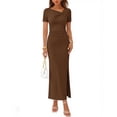 thumbnail image 1 of Merokeety Womens Summer Dresses V Neck Ruched Asymmetrical Side Slit Bodycon Maxi Dress Brown m, 1 of 5