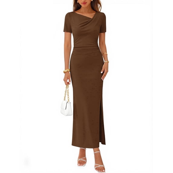 Merokeety Womens Summer Dresses V Neck Ruched Asymmetrical Side Slit Bodycon Maxi Dress Brown m