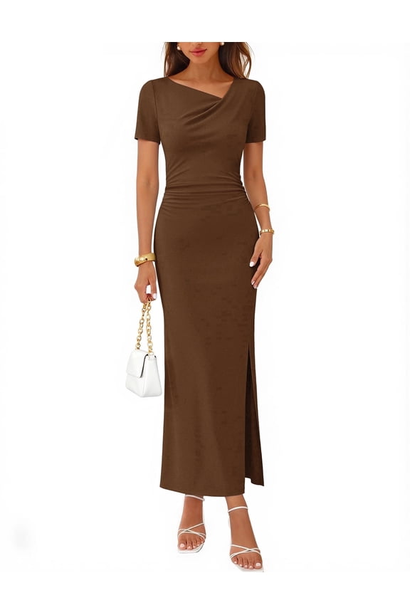 Womens Summer Dresses V Neck Ruched Asymmetrical Side Slit Bodycon Maxi Dress Brown m