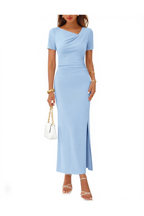 Women's 2026 Summer Ruched Bodycon Maxi Dress, Short Sleeve Asymmetrical V-Neck Side Slit, Formal Wedding Guest Cocktail Dress, Lightblue, XL