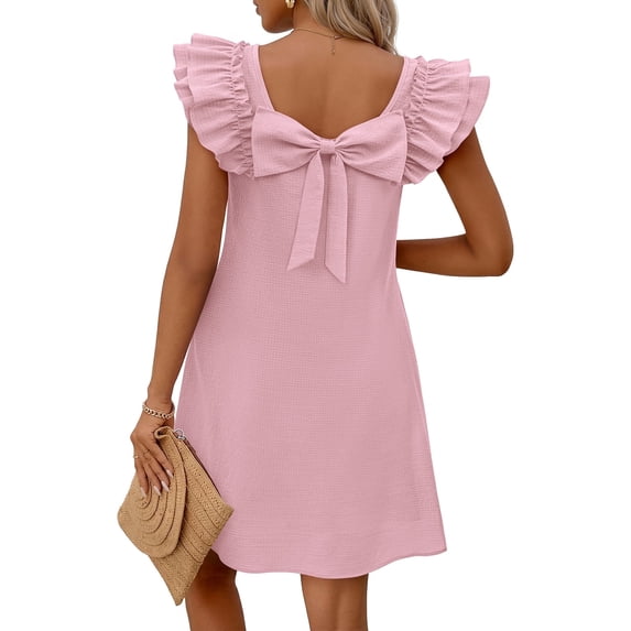 Merokeety Womens Summer Dresses Square Neck Bow Back Mini Dress With Pockets Pink l
