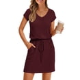 thumbnail image 1 of Merokeety Womens Summer Dresses V Neck Casual T Shirt Mini Dress with Pockets Burgundy xl, 1 of 5