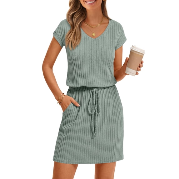 MEROKEETY Women's 2026 Summer Short Sleeve Mini Dress Casual V Neck Tie Waist Beach Vacation T-Shirt Sundress with Pockets, Seagrass, L