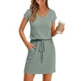 thumbnail image 1 of MEROKEETY Women's 2026 Summer Short Sleeve Mini Dress Casual V Neck Tie Waist Beach Vacation T-Shirt Sundress with Pockets, Seagrass, M, 1 of 4