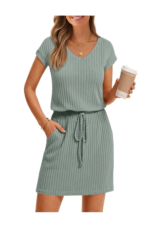 Womens Summer Dresses V Neck Casual T Shirt Mini Dress with Pockets Seagrass m