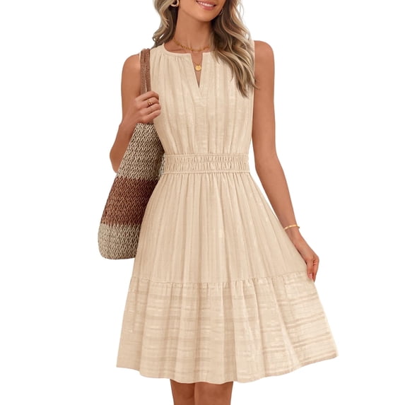 Merokeety Summer Dress for Women V Neck Flowy Vacation Mini Dress with Pockets Apricot l