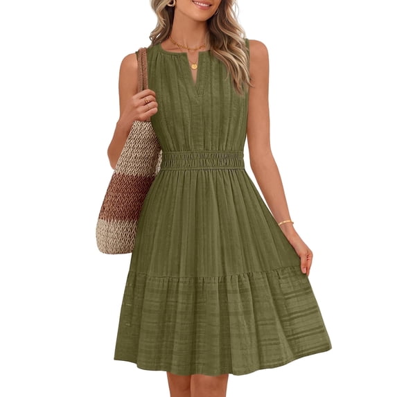 Merokeety Summer Dress for Women V Neck Flowy Vacation Mini Dress with Pockets ArmyGreen s