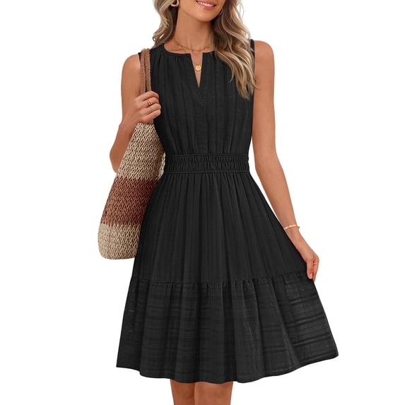 Merokeety Summer Dress for Women V Neck Flowy Vacation Mini Dress with Pockets Black s