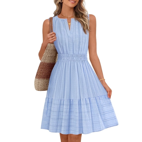 Merokeety Summer Dress for Women V Neck Flowy Vacation Mini Dress with Pockets Blue m