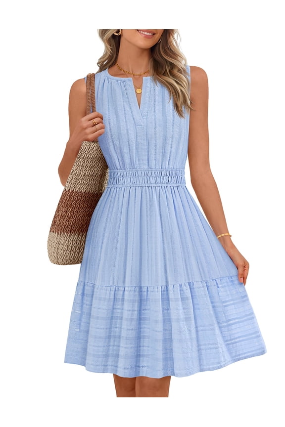 Women's 2026 Summer Sleeveless V Neck Mini Dress Flowy Beach Vacation Dress With Pockets, Blue, XL
