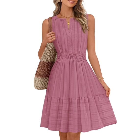 Merokeety Summer Dress for Women V Neck Flowy Vacation Mini Dress with Pockets Dustypink xl