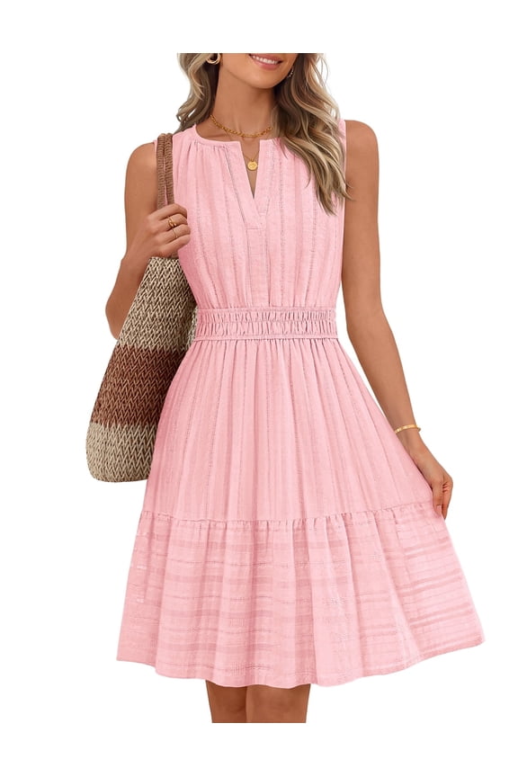 Summer Dress for Women V Neck Flowy Vacation Mini Dress with Pockets Pink l