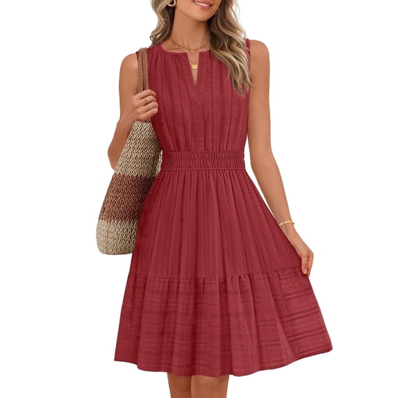 Merokeety Summer Dress for Women V Neck Flowy Vacation Mini Dress with Pockets Red s