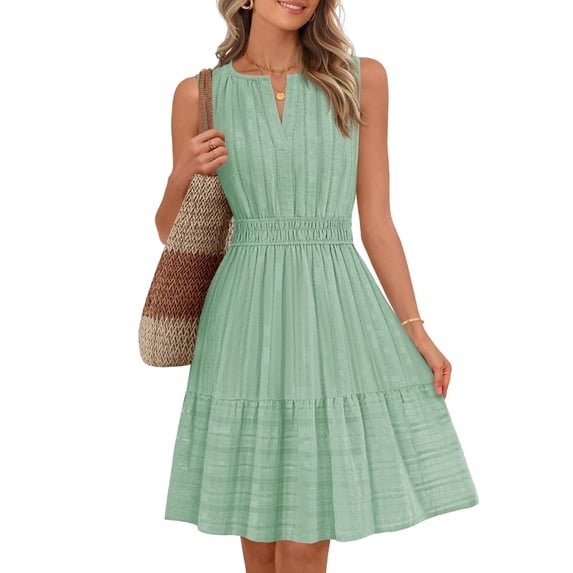 Merokeety Summer Dress for Women V Neck Flowy Vacation Mini Dress with Pockets Seagrass s