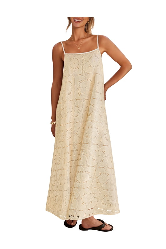 Women's 2026 Summer Spaghetti Straps Boho Maxi Dress Floral Lace Eyelet Beach Sundress, Apricot, L