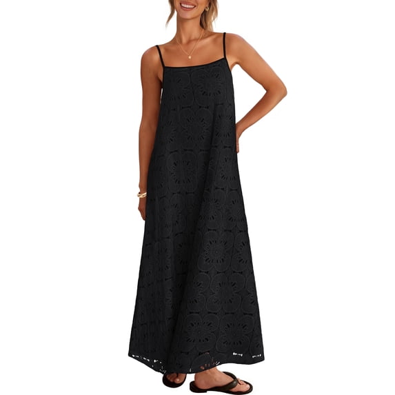 MEROKEETY Womens Summer Spaghetti Maxi Dress Sleeveless Floral Lace Eyelet Beach Sundress Black XL