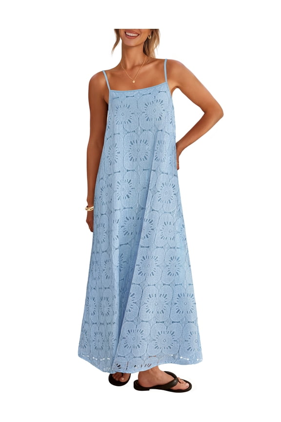 Women's 2026 Summer Spaghetti Straps Boho Maxi Dress Floral Lace Eyelet Beach Sundress, Blue, L
