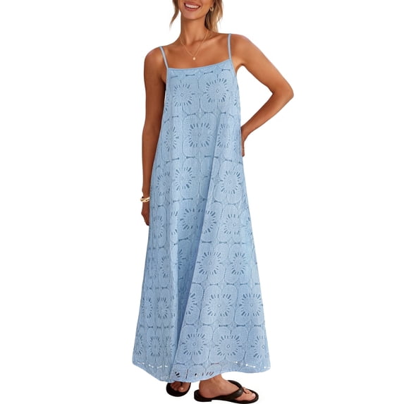 Merokeety Womens Summer Spaghetti Maxi Dress Sleeveless Floral Lace Eyelet Beach Sundress Blue m