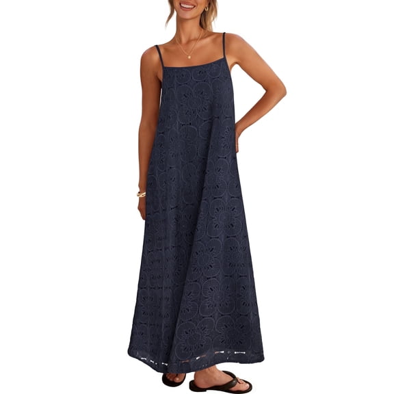 Merokeety Womens Summer Spaghetti Maxi Dress Sleeveless Floral Lace Eyelet Beach Sundress Navy m