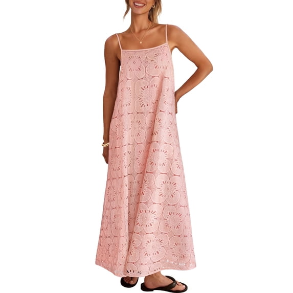 Merokeety Womens Summer Spaghetti Maxi Dress Sleeveless Floral Lace Eyelet Beach Sundress Pink l