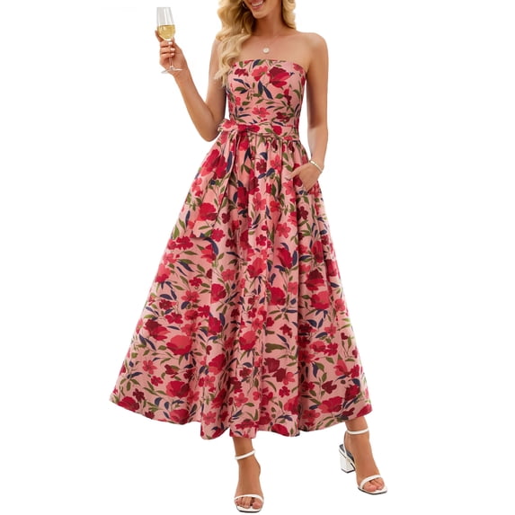 MEROKEETY Women's 2026 Summer Strapless Tube Floral Maxi Dress Boho Tie Flowy Beach Wedding Guest Long Sundress, Pink, XL