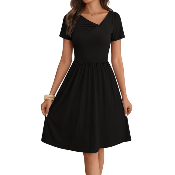 MEROKEETY Women's Asymmetrical V Neck Sundress 2026 Spring Summer Short Sleeve Ruched Casual A Line Mini Dresses Pockets, Black, XL