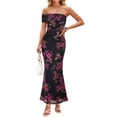 thumbnail image 1 of Merokeety Womens Summer Dresses Floral Off Shoulder Ruched Mesh Bodycon Maxi Dress Black s, 1 of 4