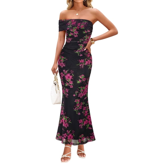 Merokeety Womens Summer Dresses Floral Off Shoulder Ruched Mesh Bodycon Maxi Dress Black s