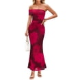 thumbnail image 1 of Merokeety Womens Summer Dresses Floral Off Shoulder Ruched Mesh Bodycon Maxi Dress Red m, 1 of 5