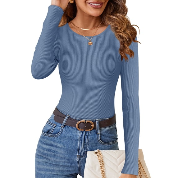 MEROKEETY Women's Long Sleeve Ribbed Bodysuit, Crew Neck Slim Fit Knit Sweater Top 2026, DustyBlue, XL