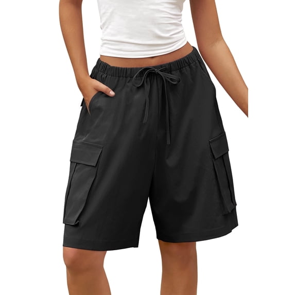 Merokeety Womens Summer Shorts Elastic Waist Drawstring Casual Cargo Black xl
