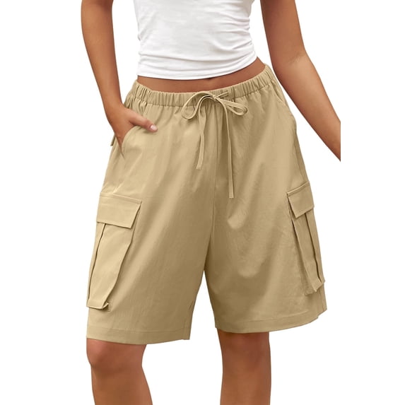 Merokeety Womens Summer Shorts Elastic Waist Drawstring Casual Cargo Khaki l