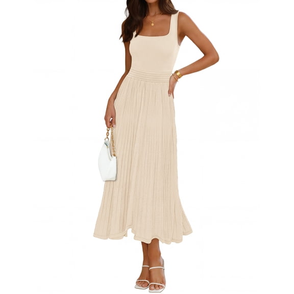 MEROKEETY Women's Summer Casual Midi Dress 2026 Square Neck Sleeveless Pleated A Line Business Work Vacation Cocktail Dresses, Apricot, S
