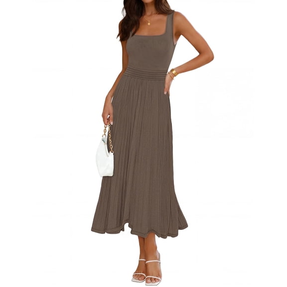 Merokeety Womens Summer Dresses Pleated Square Neck Cocktail Work Midi Dress Coffee l