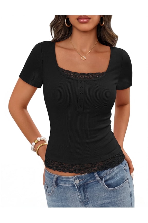 Womens Summer Top Lace Square Neck Y2K Shirts Black l