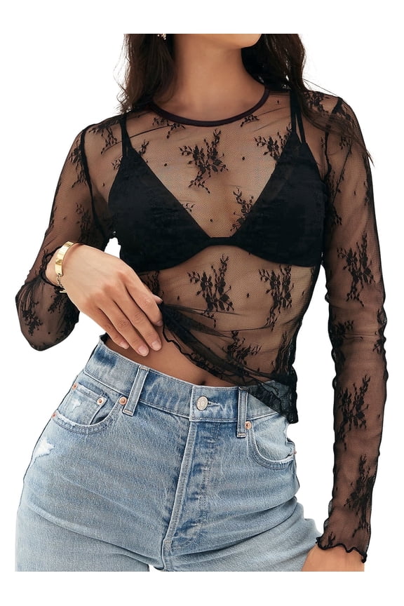 Womens Summer Top Lace Mesh Crewneck Undershirt Black xl