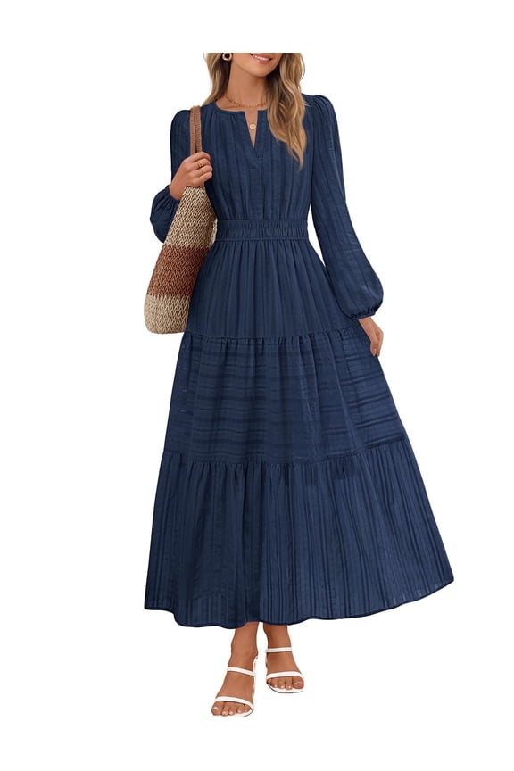 Womens Fall Casual Long Sleeve V Neck Tiered Cotton Maxi Dress Navy m